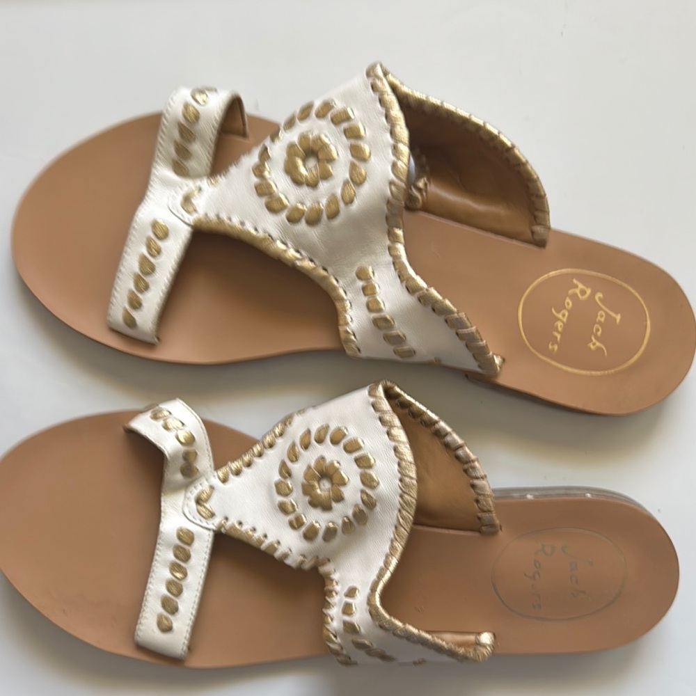 Jack Rogers Women's White and Gold Flat Slide Sandals 8
